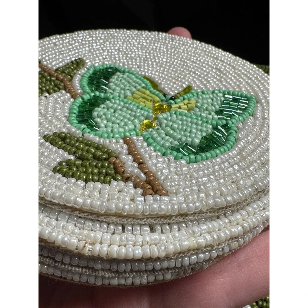 Green Butterfly Hand Beaded Coaster Set of 4 with Matching Beaded Storage Box